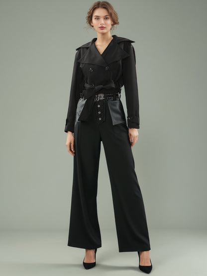 Black Cropped Trench Coat with Belted Waist