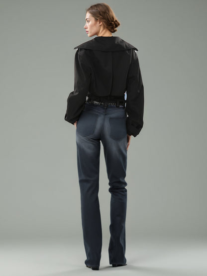 Black Cropped Trench Coat with Belted Waist