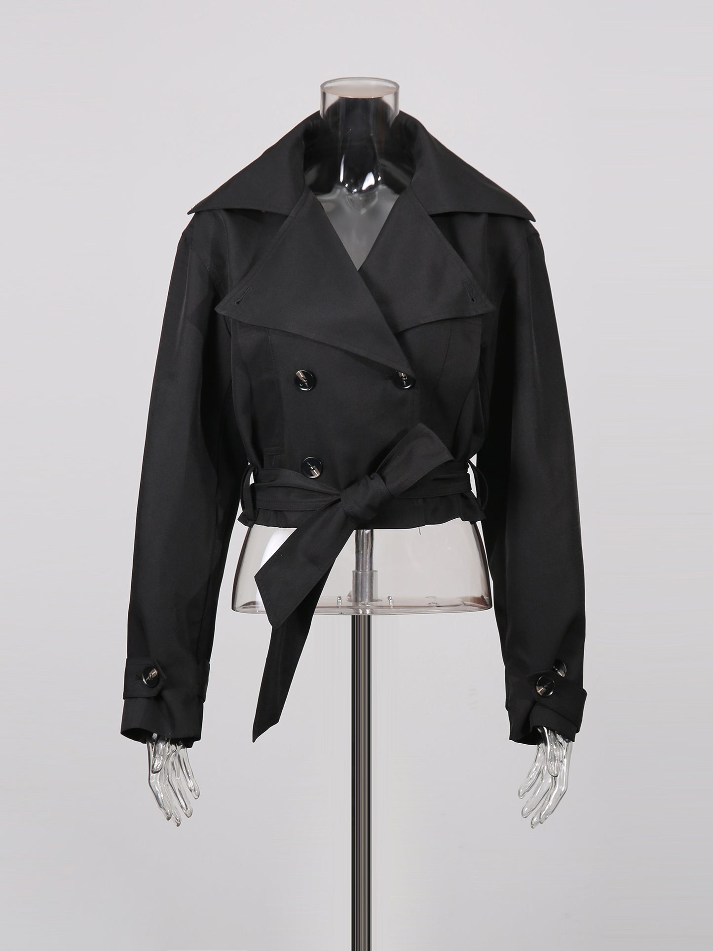 Black Cropped Trench Coat with Belted Waist