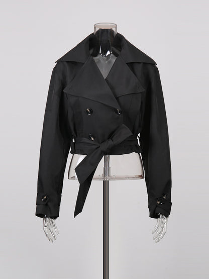 Black Cropped Trench Coat with Belted Waist