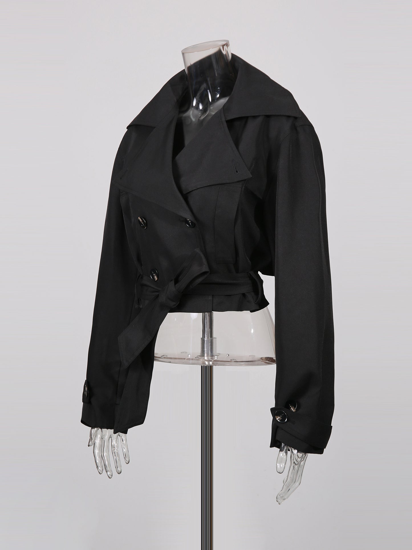 Black Cropped Trench Coat with Belted Waist