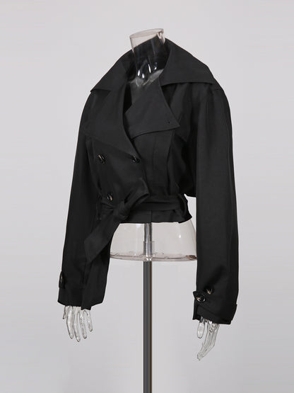 Black Cropped Trench Coat with Belted Waist