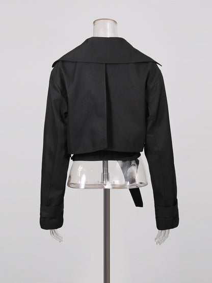 Black Cropped Trench Coat with Belted Waist