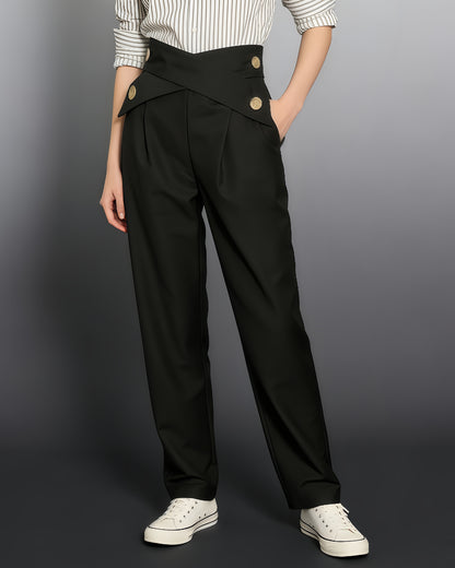 Black Cross-Waist Button-Accent Tapered Pants