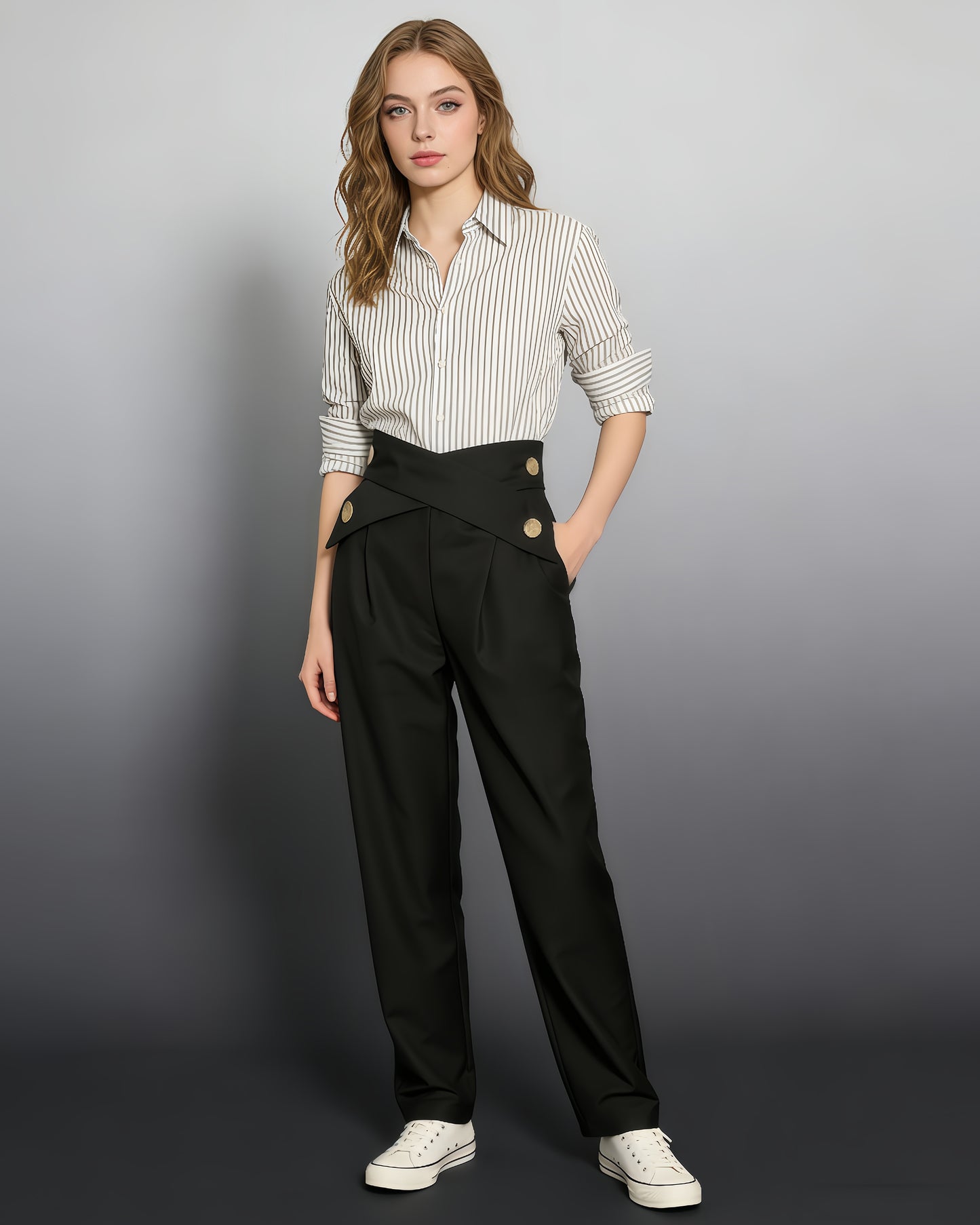 Black Cross-Waist Button-Accent Tapered Pants