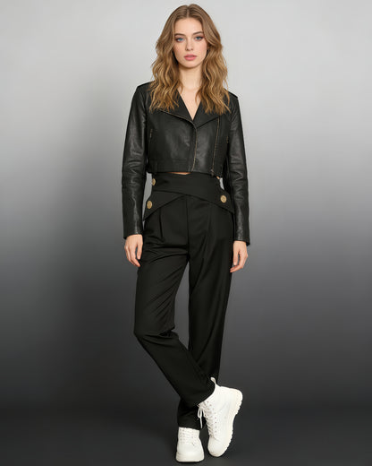Black Cross-Waist Button-Accent Tapered Pants