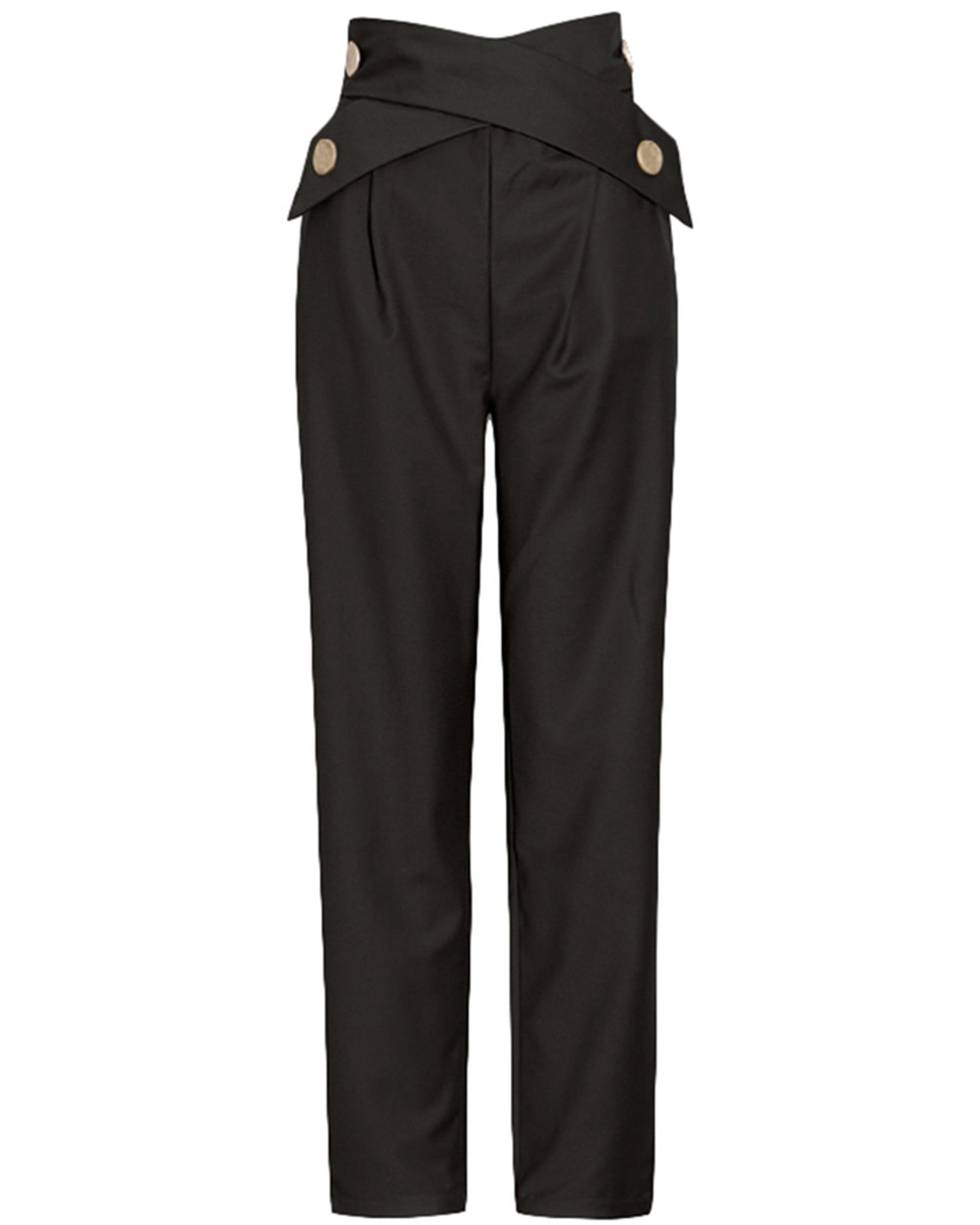 Black Cross-Waist Button-Accent Tapered Pants