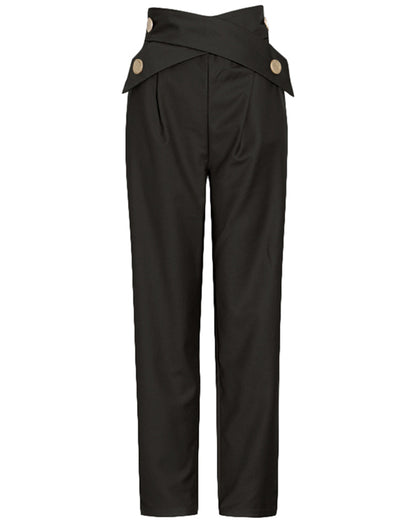 Black Cross-Waist Button-Accent Tapered Pants