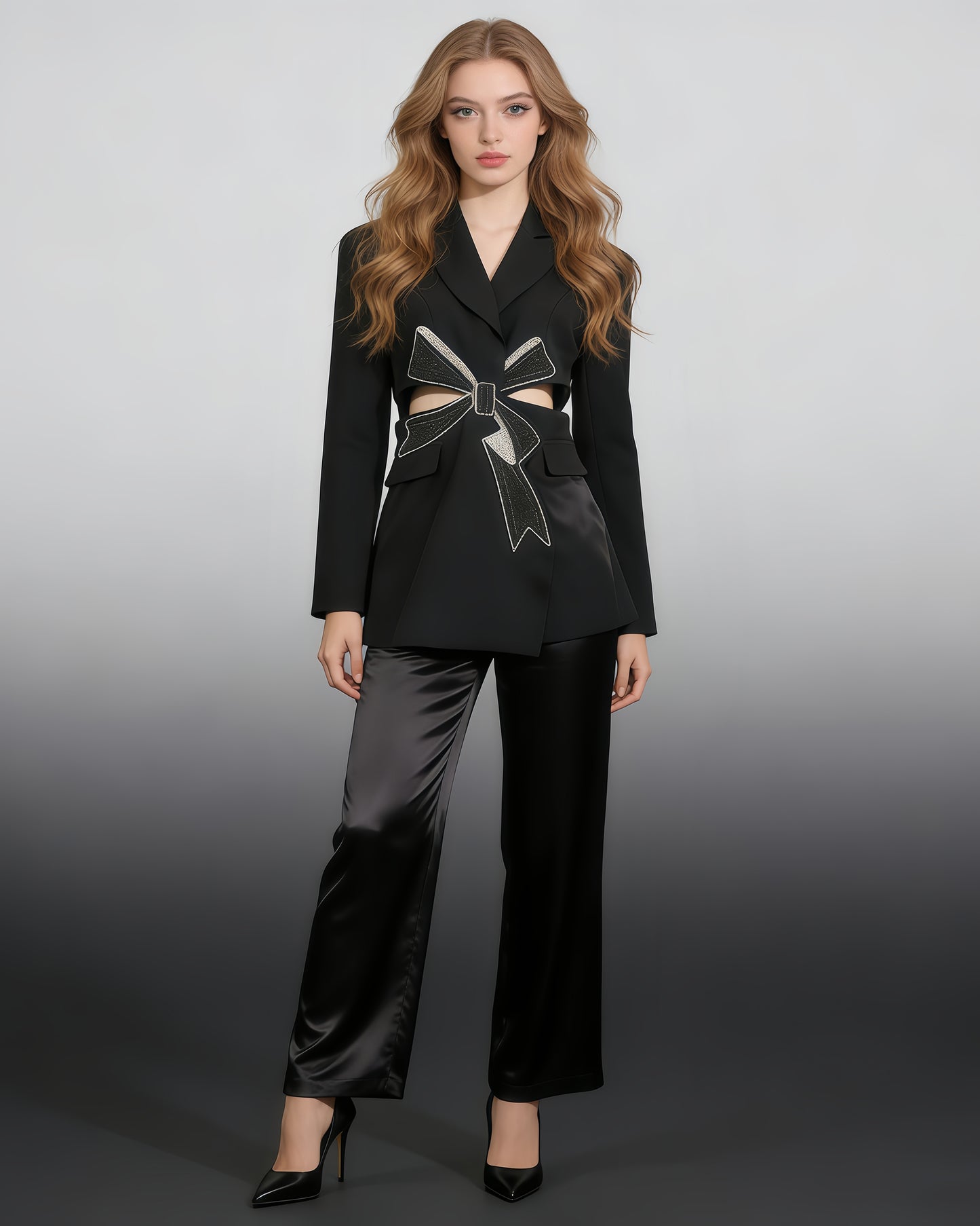 Black Crystal Bow Cutout Blazer