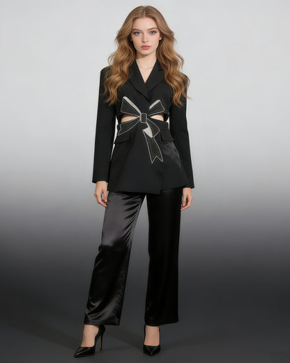 Black Crystal Bow Cutout Blazer