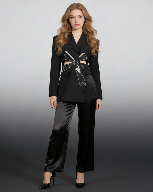 Black Crystal Bow Cutout Blazer