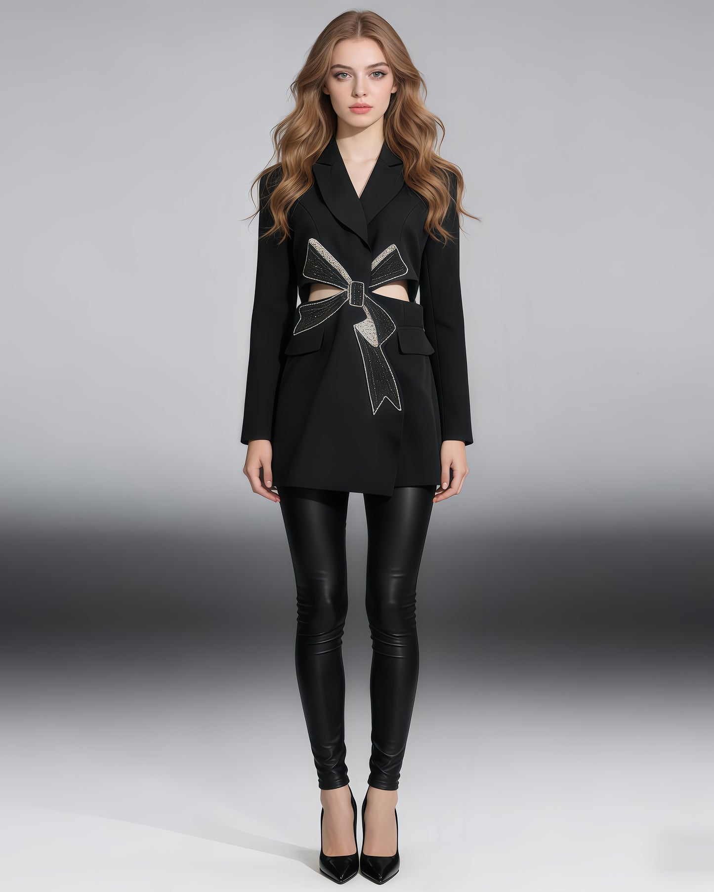 Black Crystal Bow Cutout Blazer