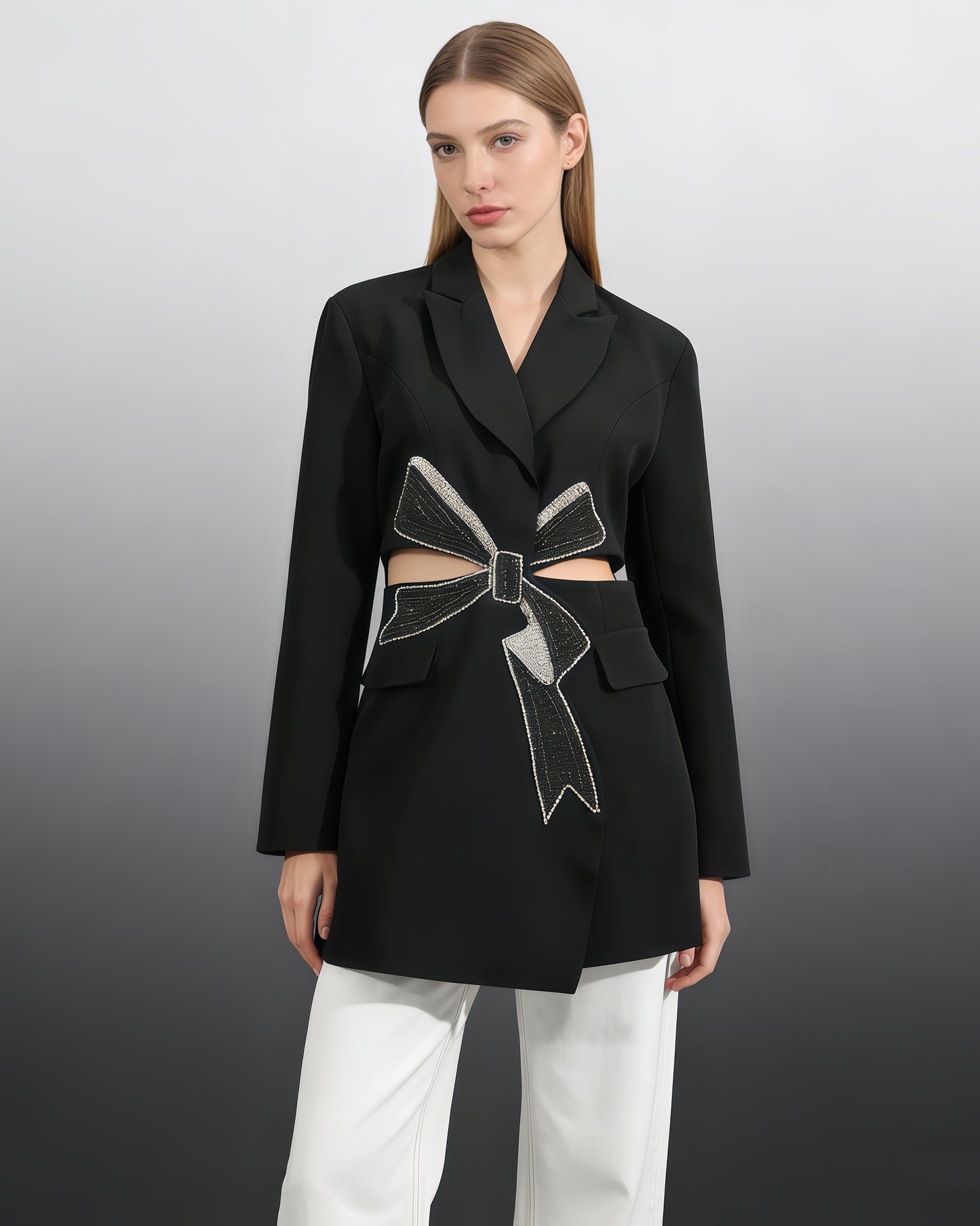 Black Crystal Bow Cutout Blazer