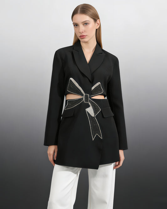 Black Crystal Bow Cutout Blazer