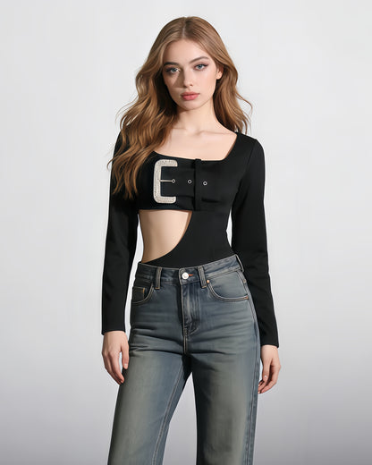 Black Crystal Buckle Cutout Bodysuit