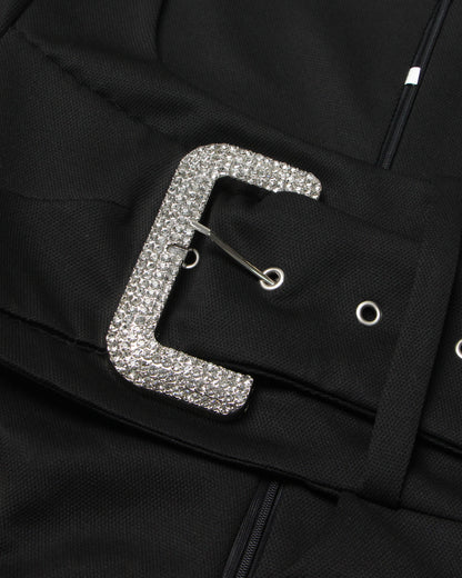 Black Crystal Buckle Cutout Bodysuit