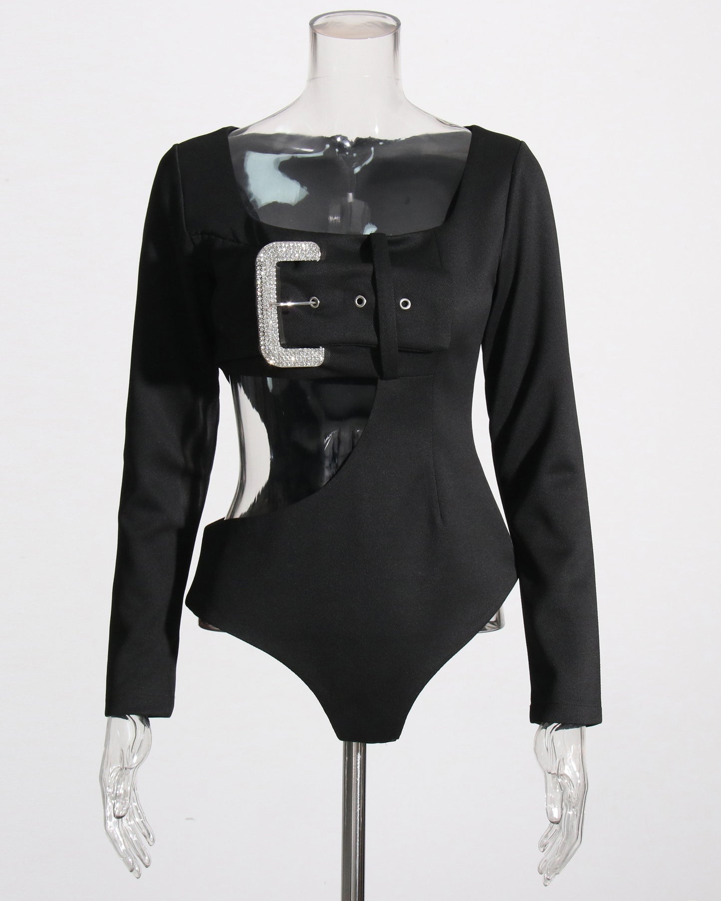 Black Crystal Buckle Cutout Bodysuit