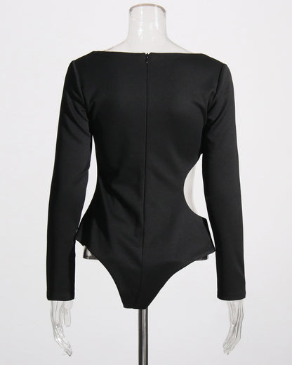 Black Crystal Buckle Cutout Bodysuit