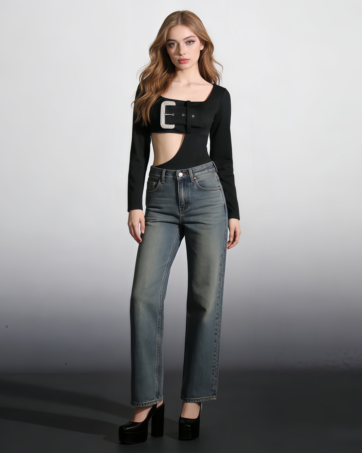 Black Crystal Buckle Cutout Bodysuit