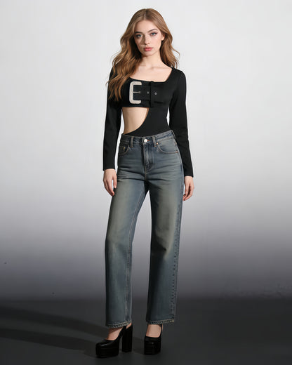 Black Crystal Buckle Cutout Bodysuit