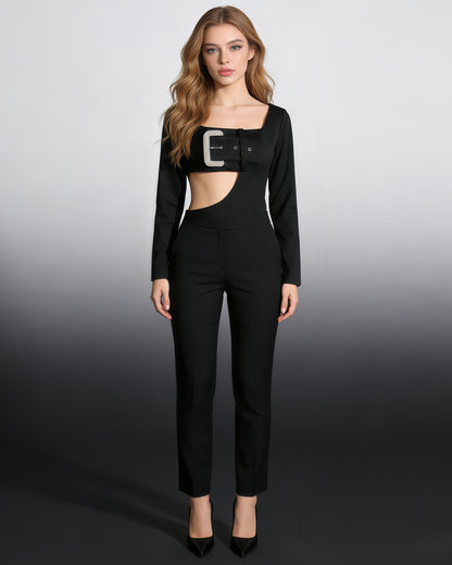 Black Crystal Buckle Cutout Bodysuit