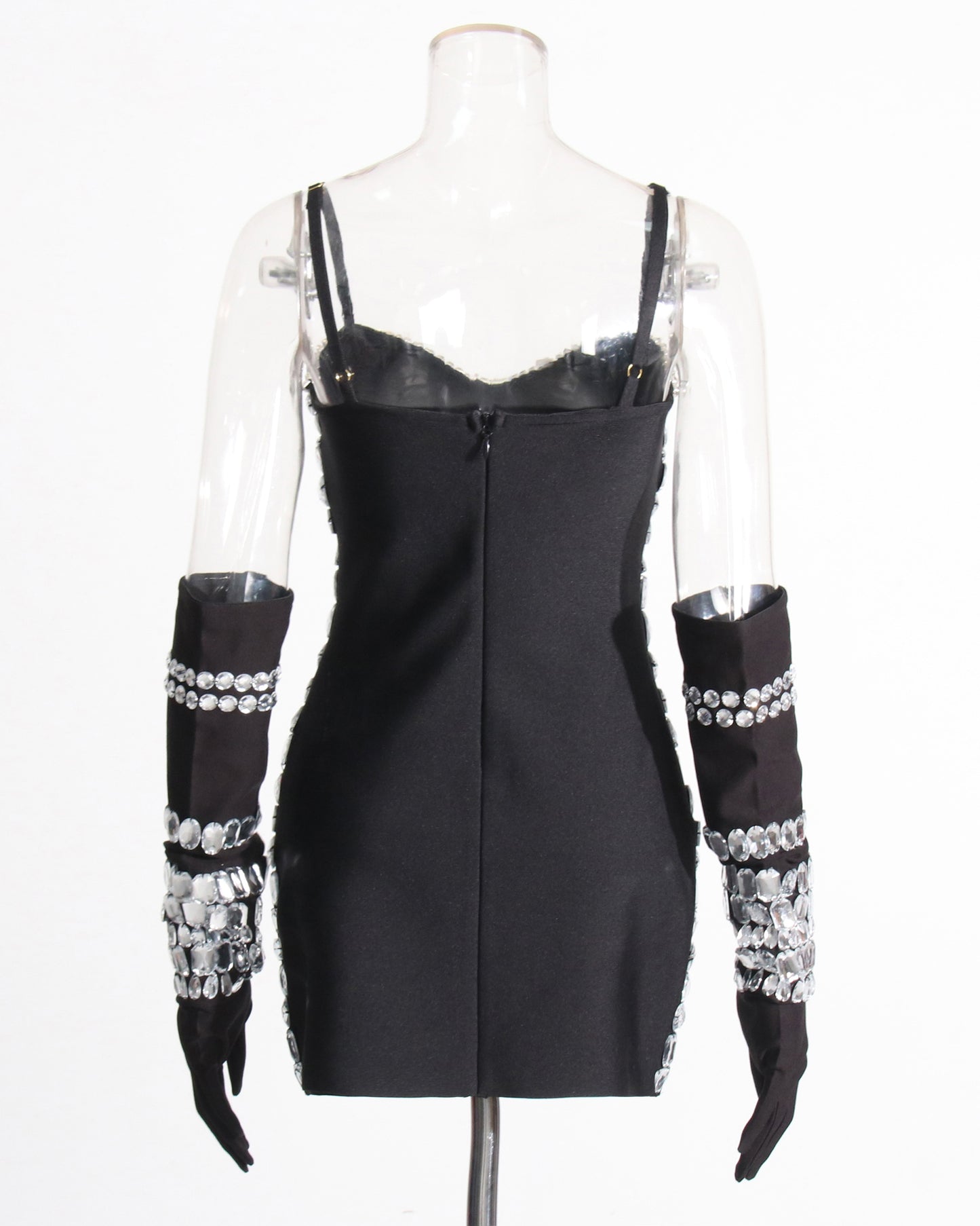 Black Crystal Mini Dress with Gloves