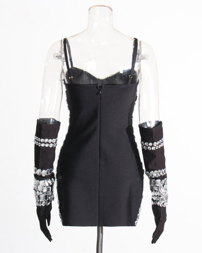 Black Crystal Mini Dress with Gloves