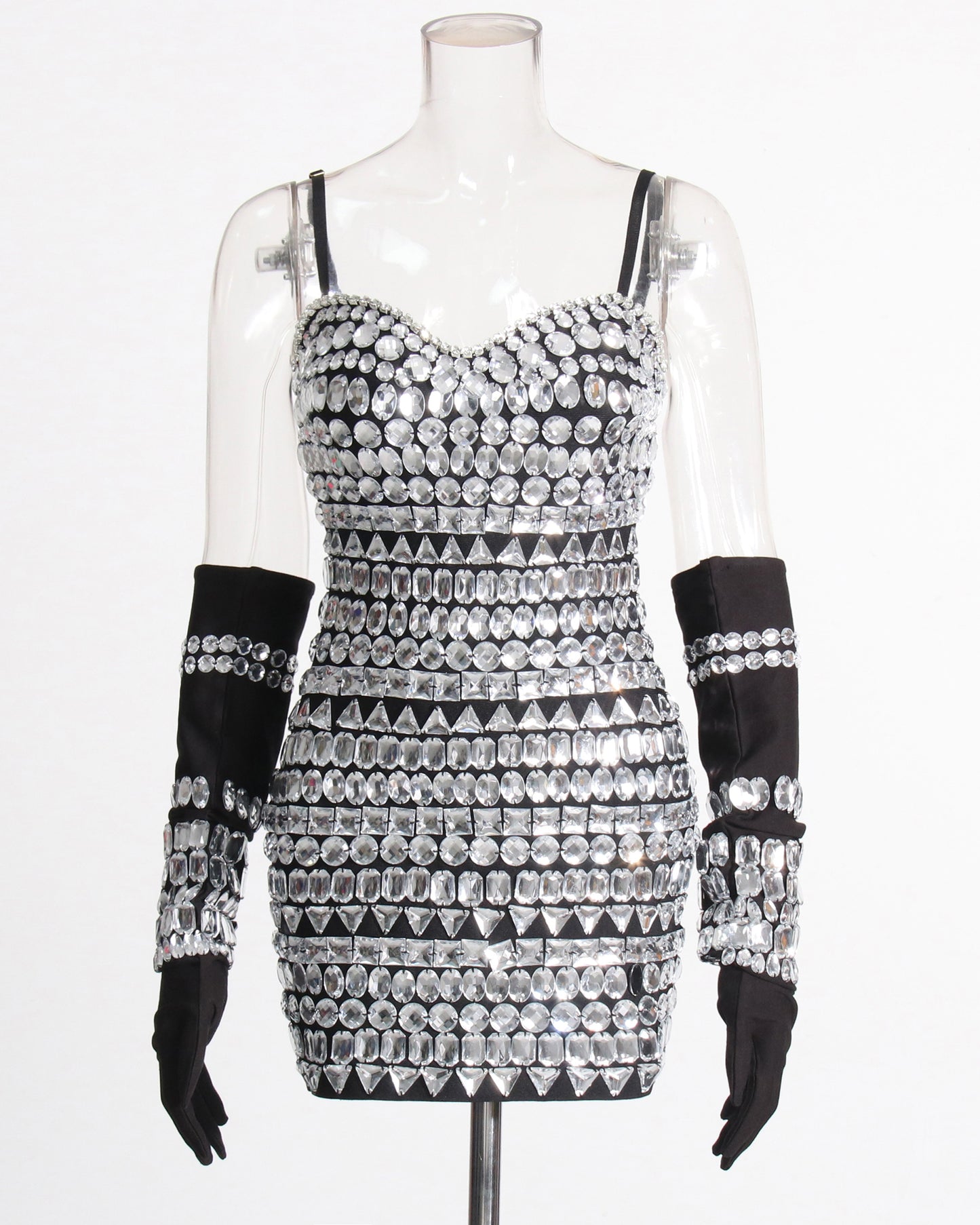Black Crystal Mini Dress with Gloves