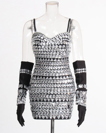 Black Crystal Mini Dress with Gloves