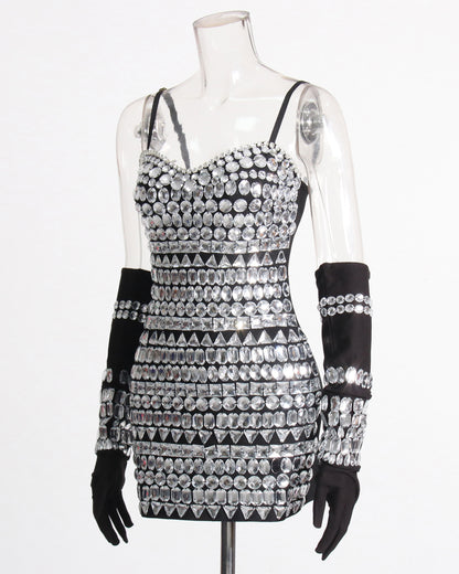 Black Crystal Mini Dress with Gloves