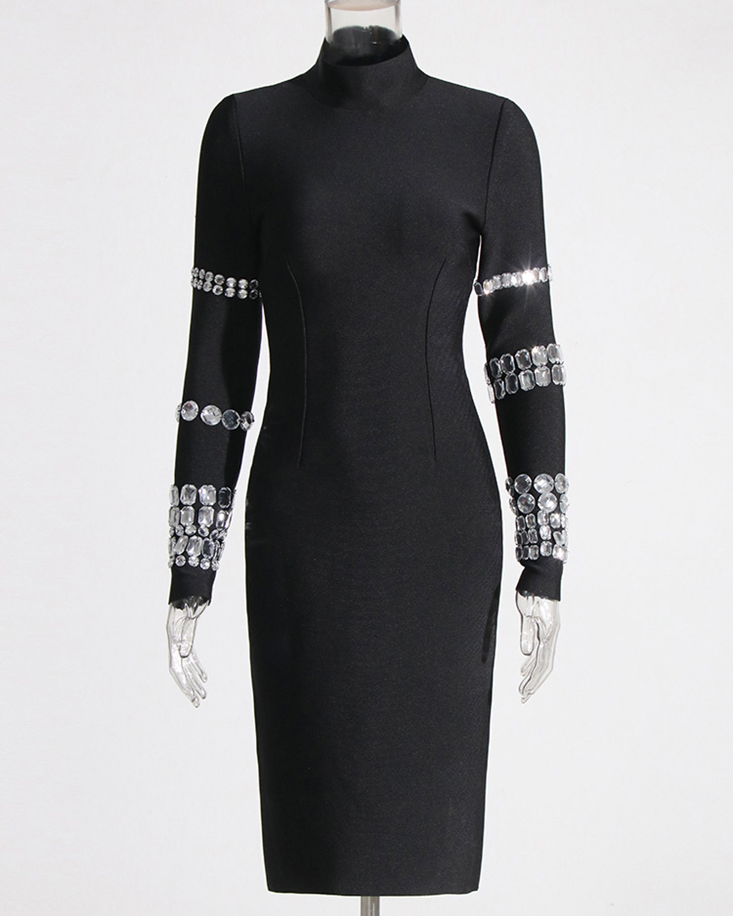Black Crystal Mock Neck Midi Dress