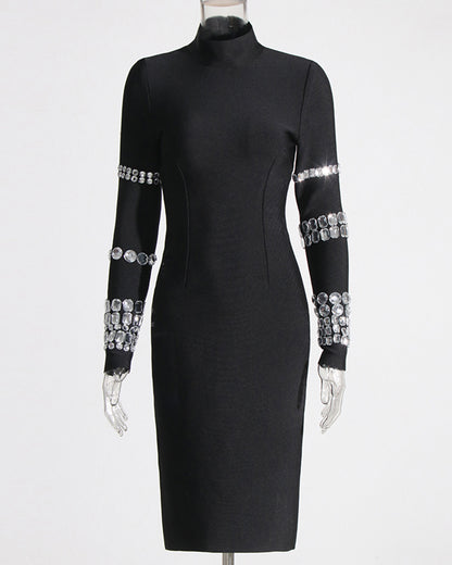Black Crystal Mock Neck Midi Dress