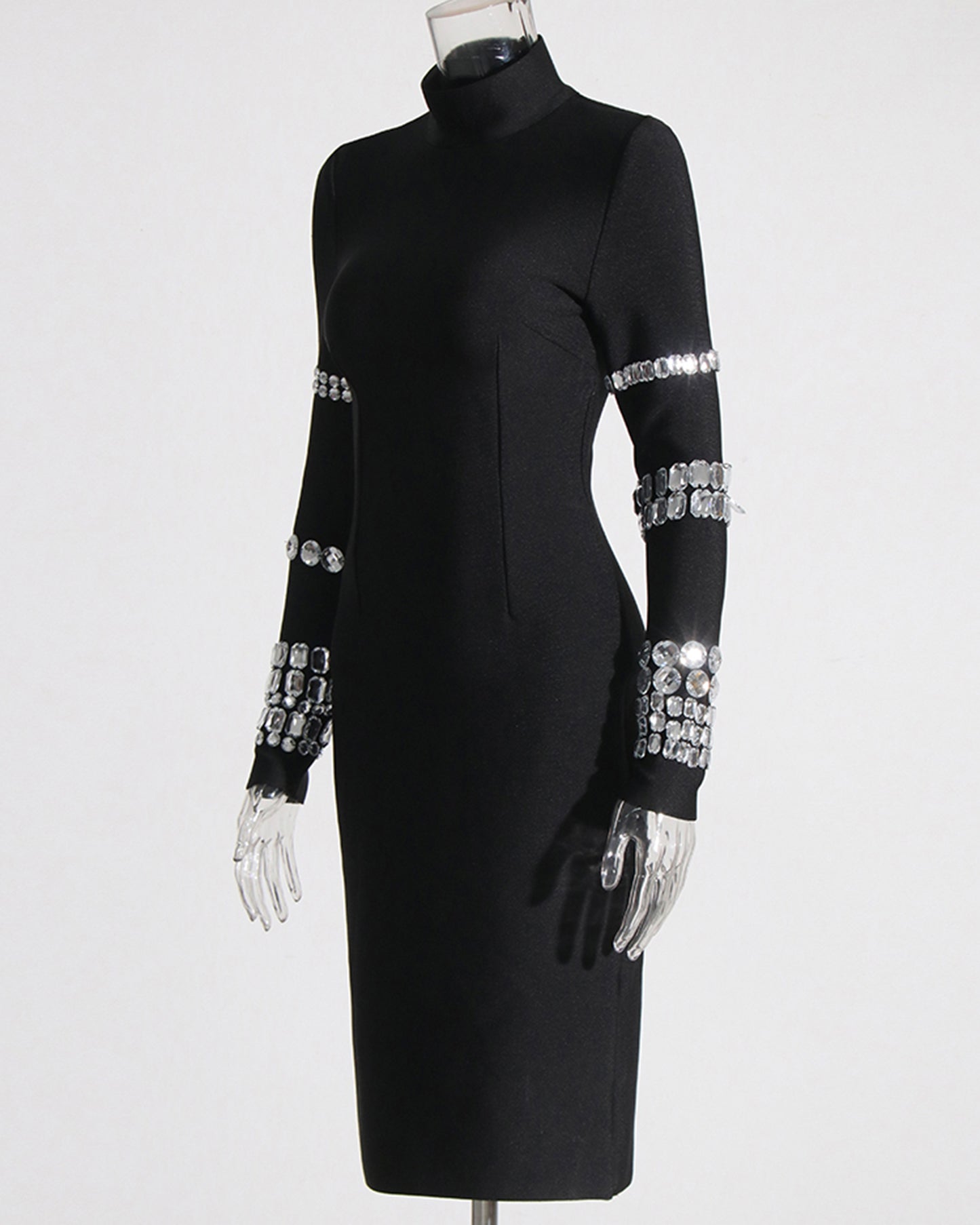 Black Crystal Mock Neck Midi Dress