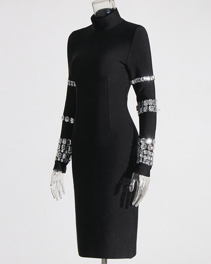 Black Crystal Mock Neck Midi Dress