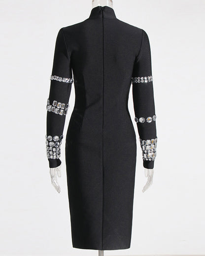 Black Crystal Mock Neck Midi Dress