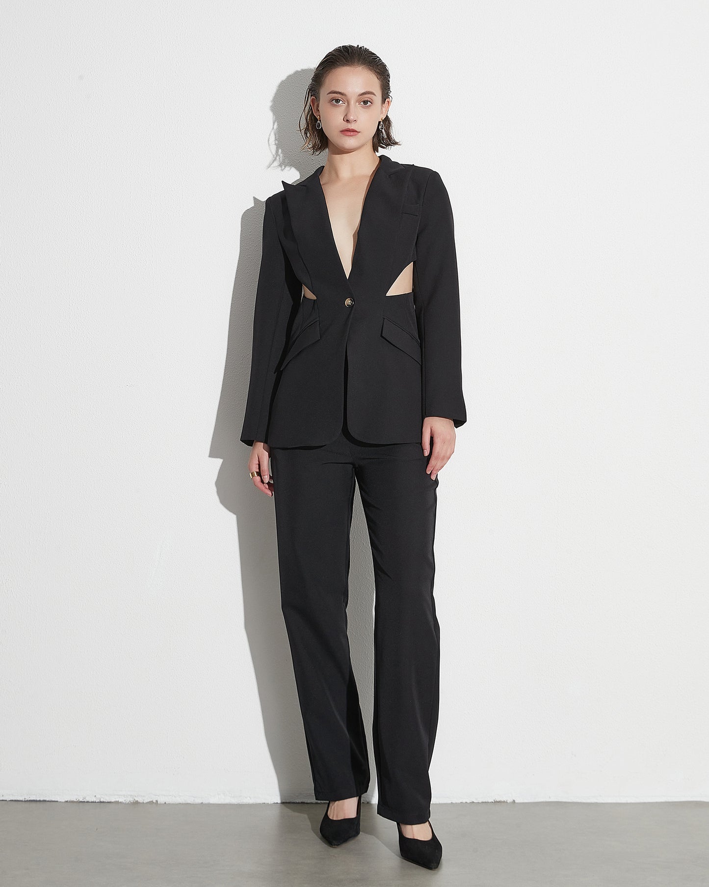 Black Cutout Blazer & Wide-Leg Pants Set