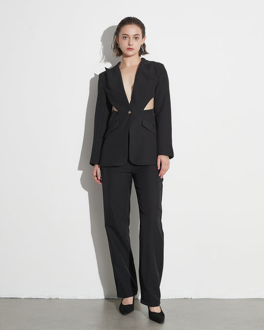 Black Cutout Blazer & Wide-Leg Pants Set