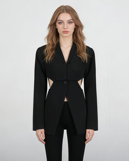 Black Cutout Solid Casual Bustier Blazer
