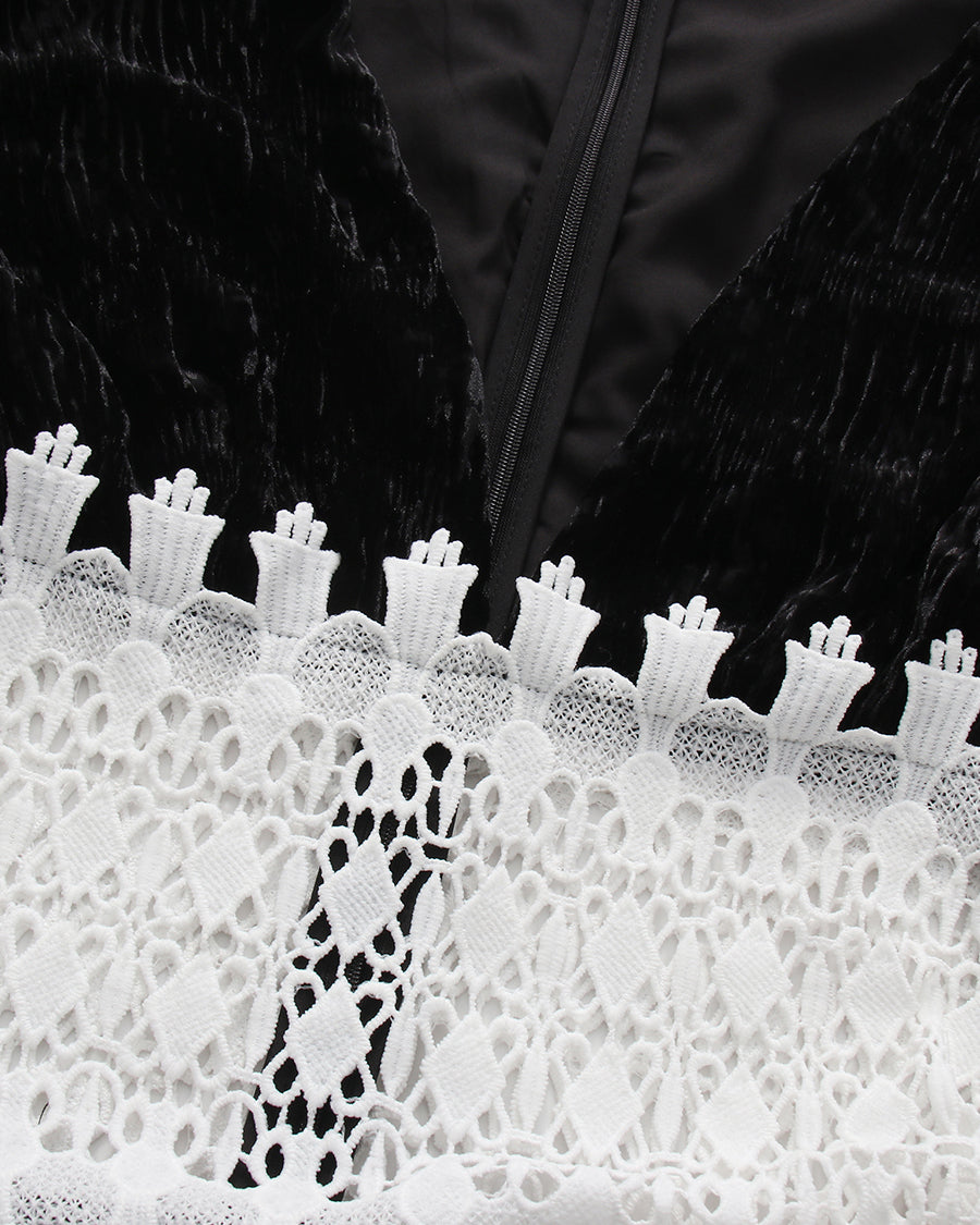 Deep V Long Sleeve Patchwork White Lace Maxi Dress