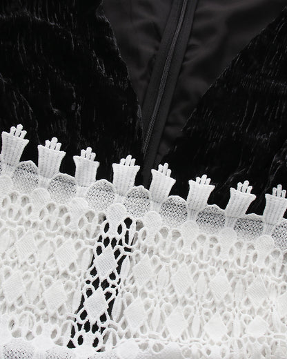 Deep V Long Sleeve Patchwork White Lace Maxi Dress