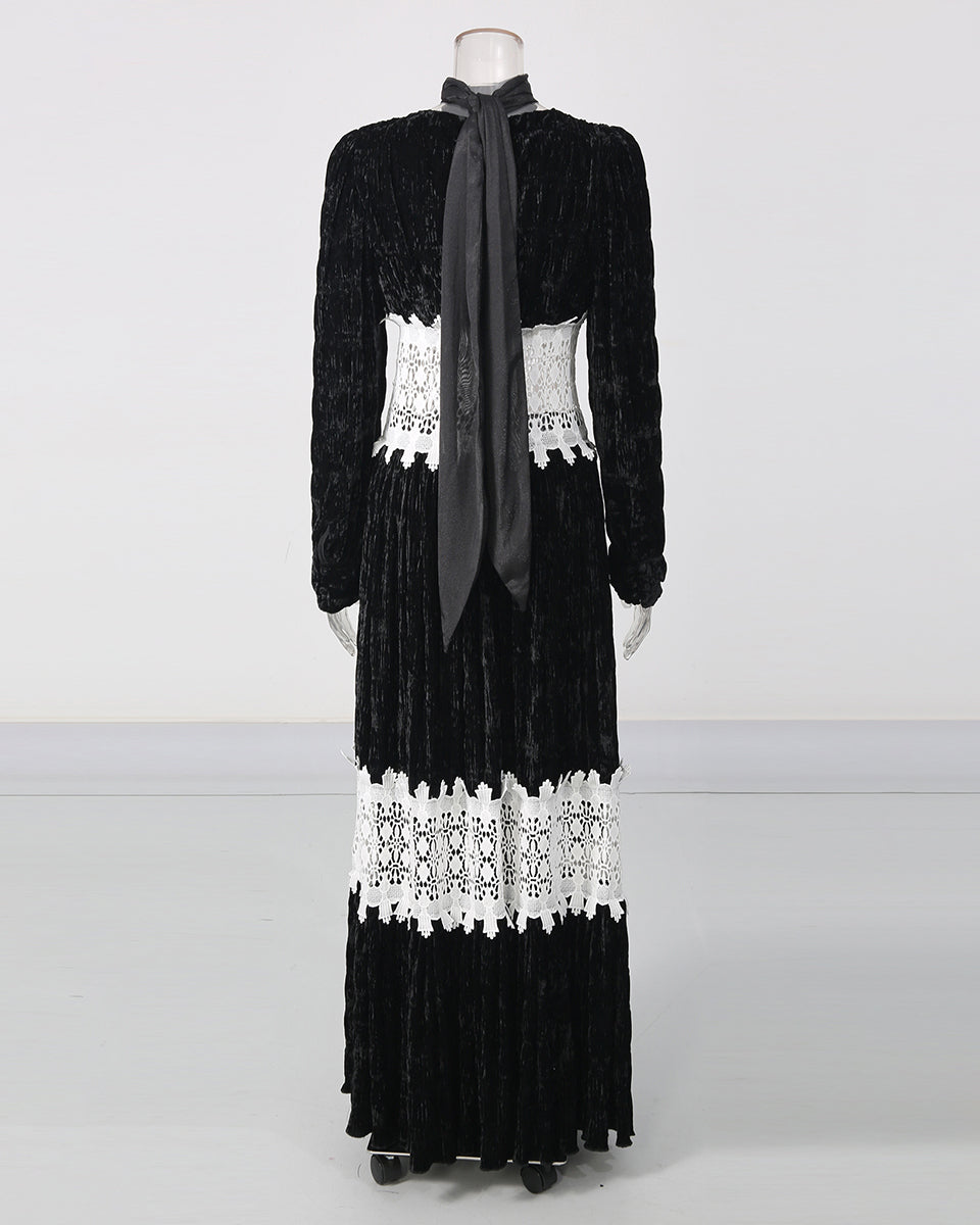 Deep V Long Sleeve Patchwork White Lace Maxi Dress