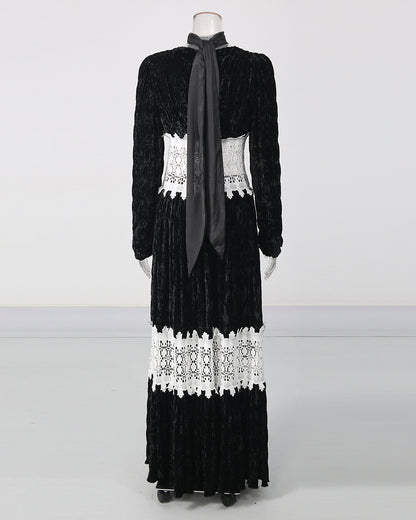 Deep V Long Sleeve Patchwork White Lace Maxi Dress