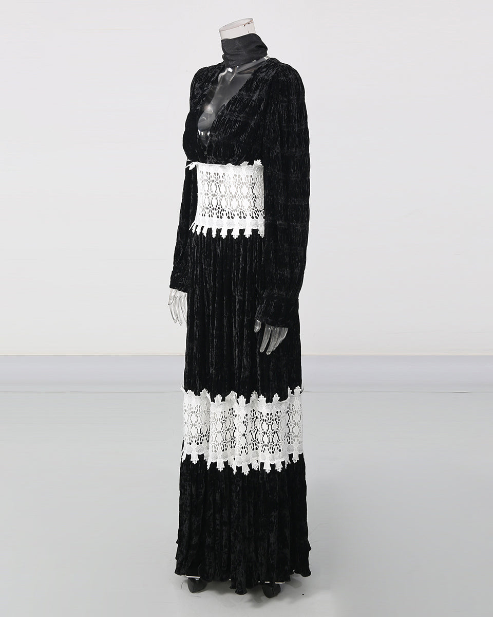 Deep V Long Sleeve Patchwork White Lace Maxi Dress