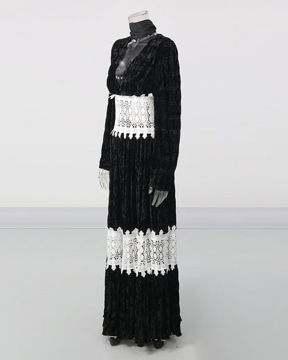 Deep V Long Sleeve Patchwork White Lace Maxi Dress