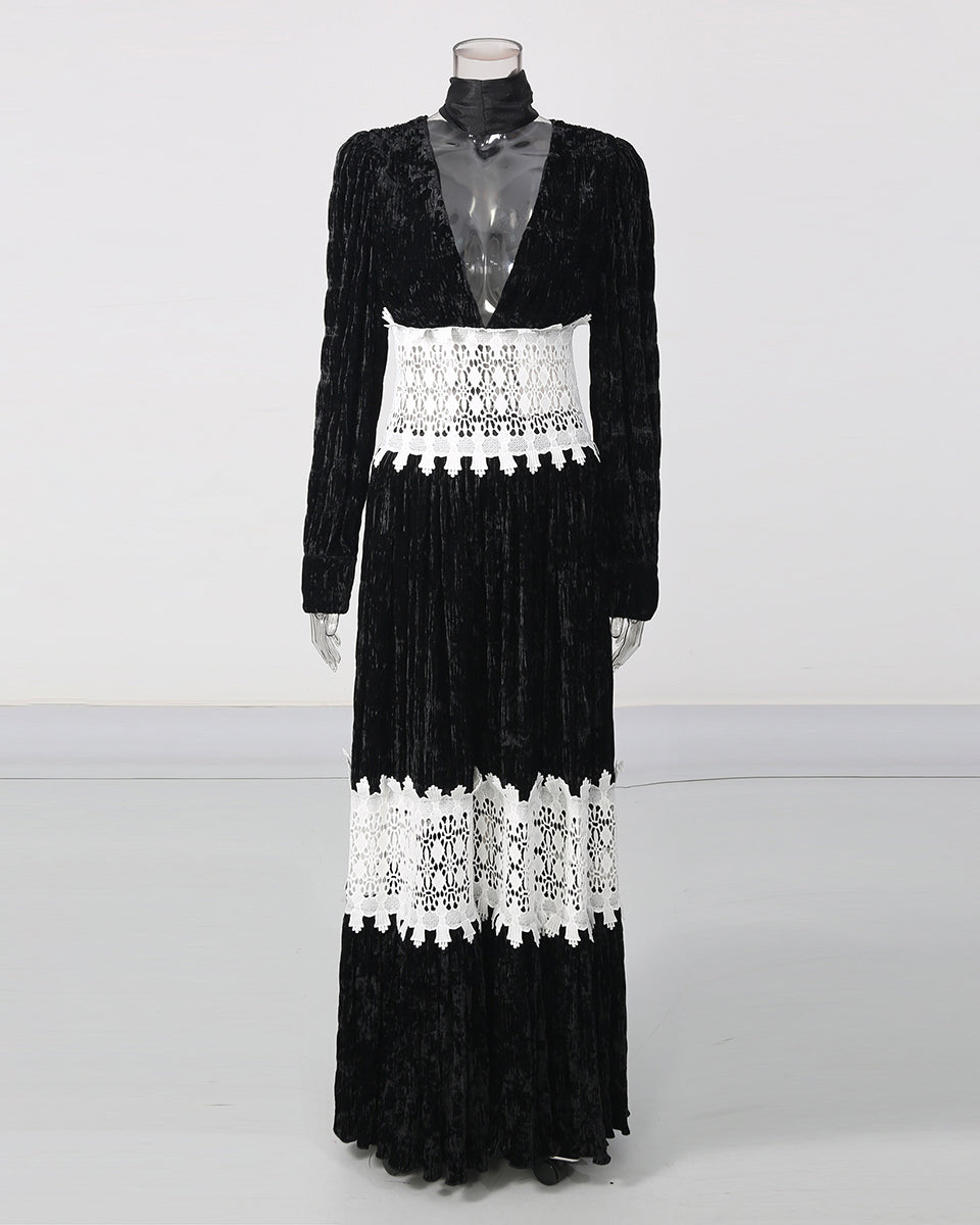 Deep V Long Sleeve Patchwork White Lace Maxi Dress