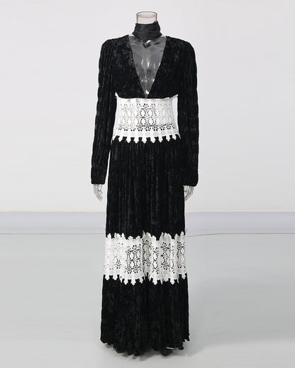 Deep V Long Sleeve Patchwork White Lace Maxi Dress