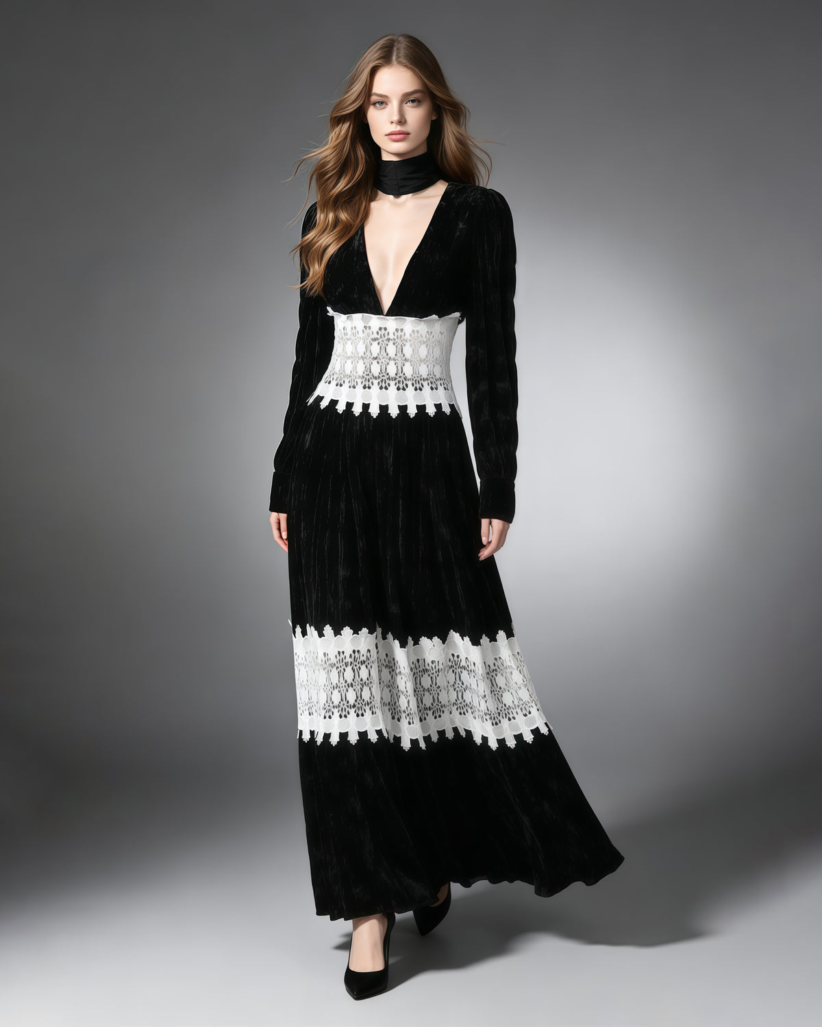Deep V Long Sleeve Patchwork White Lace Maxi Dress