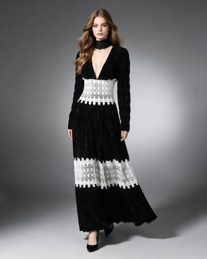 Deep V Long Sleeve Patchwork White Lace Maxi Dress