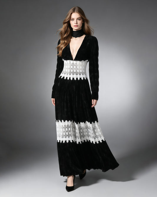 Deep V Long Sleeve Patchwork White Lace Maxi Dress