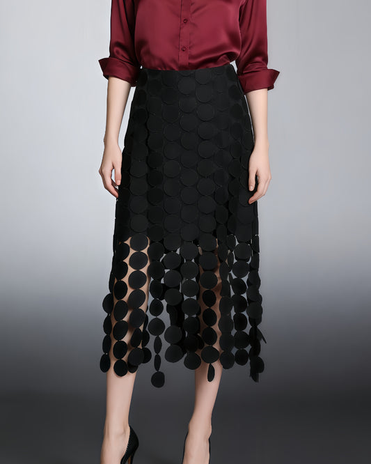 Black Disc-Embellished Fringe Midi Skirt